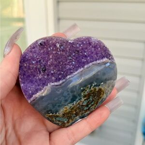 Amethyst Druzy Heart 🌊 Blue  Banded Agate & Plume Inclusions Cave Crystal 0025